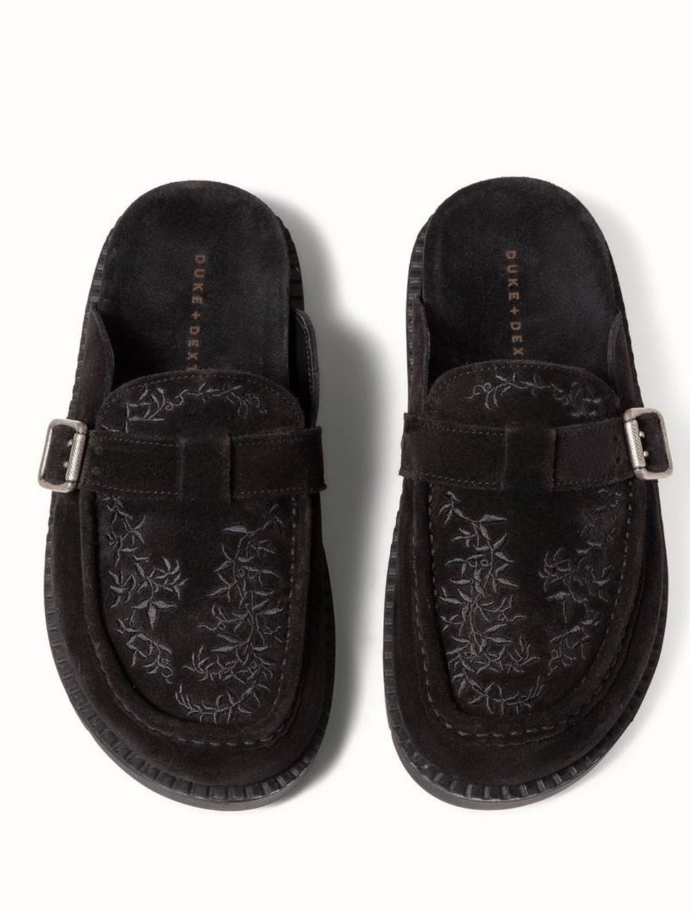 DUKE + DEXTER
Winston Embroidered Backless Suede Mules - Black